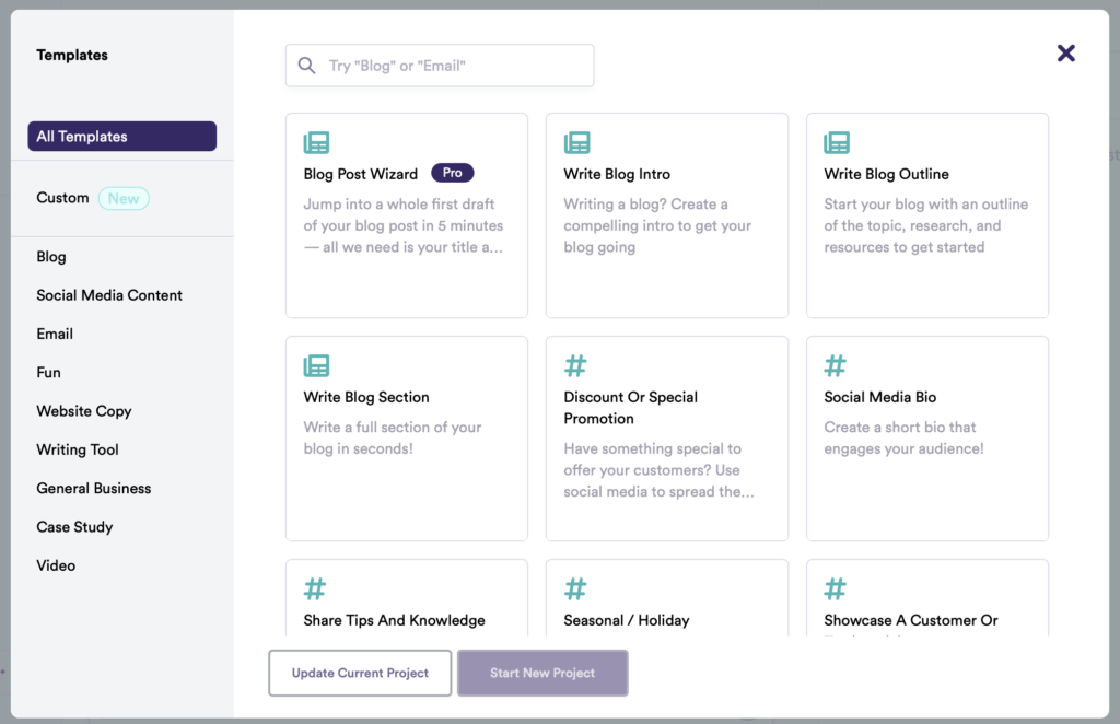 Copy.ai template library showing marketing content categories — Decode Tools review 2026