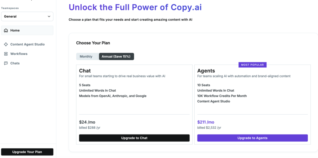 Copy.ai pricing page 2026 showing Chat to Growth gap — Decode Tools review