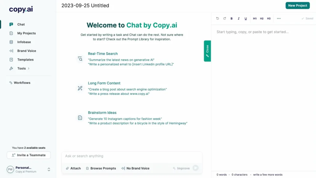 Copy.ai chat interface with model options in 2026 — Decode Tools review