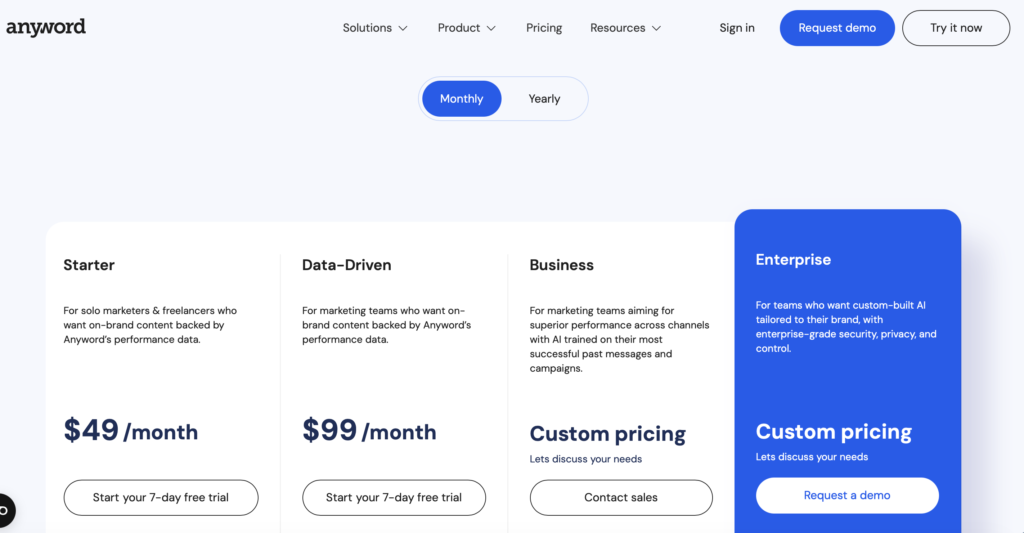 anyword review 2026 — screenshot showing Anyword Starter and Data-Driven plans — Decode Tools