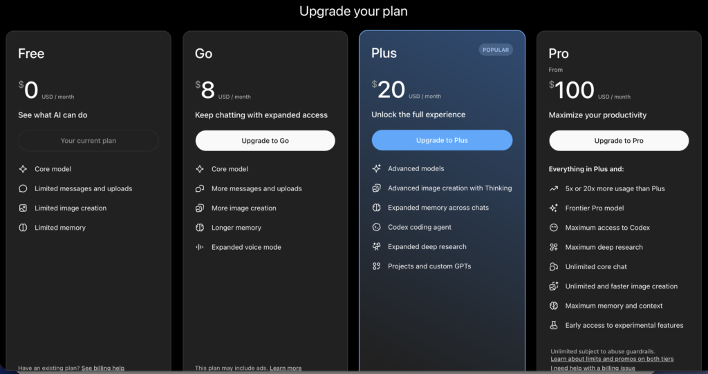 is chatgpt plus worth it — ChatGPT pricing plans 2026 showing Plus at $20 per month — Decode Tools