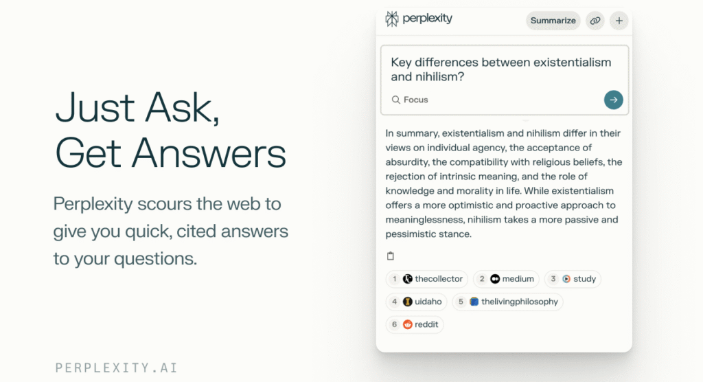 free ai writing tools 2026 — Perplexity free tier showing cited research response — Decode Tools