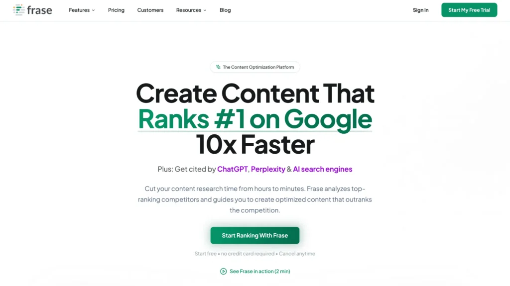 copy.ai alternatives 2026 — Frase content editor showing SEO optimisation and AI writing — Decode Tools