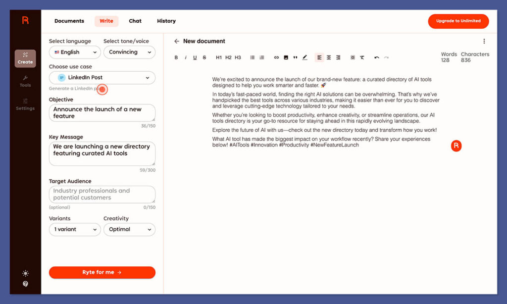 Jasper AI alternatives 2026 — Rytr AI writing tool interface with templates — Decode Tools