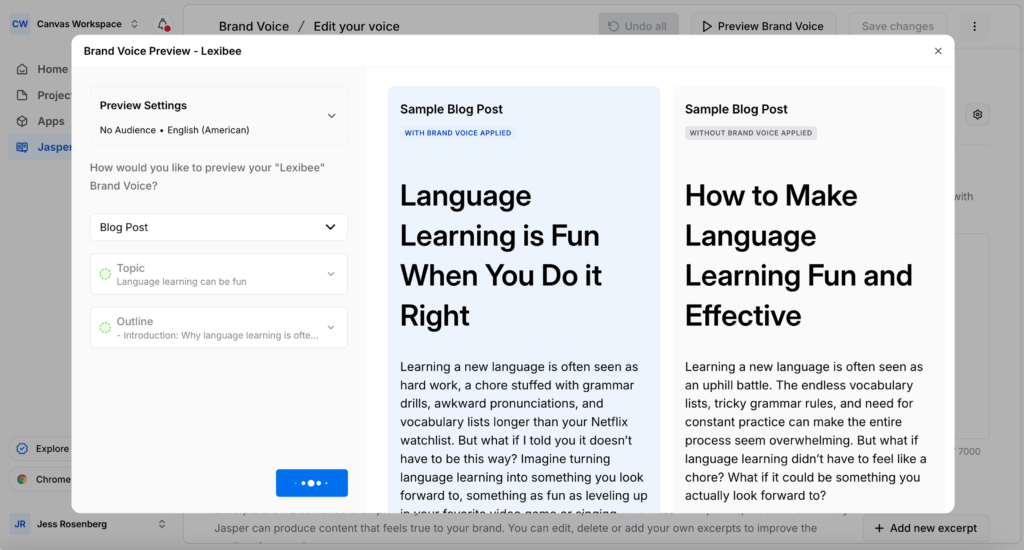 is jasper ai worth it — Jasper AI Brand Voice feature showing multi-brand tone configuration — Decode Tools