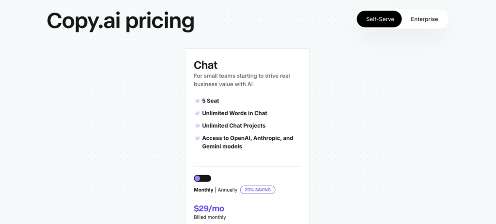 Copy.ai pricing 2026 Chat and Growth plan comparison — Decode Tools